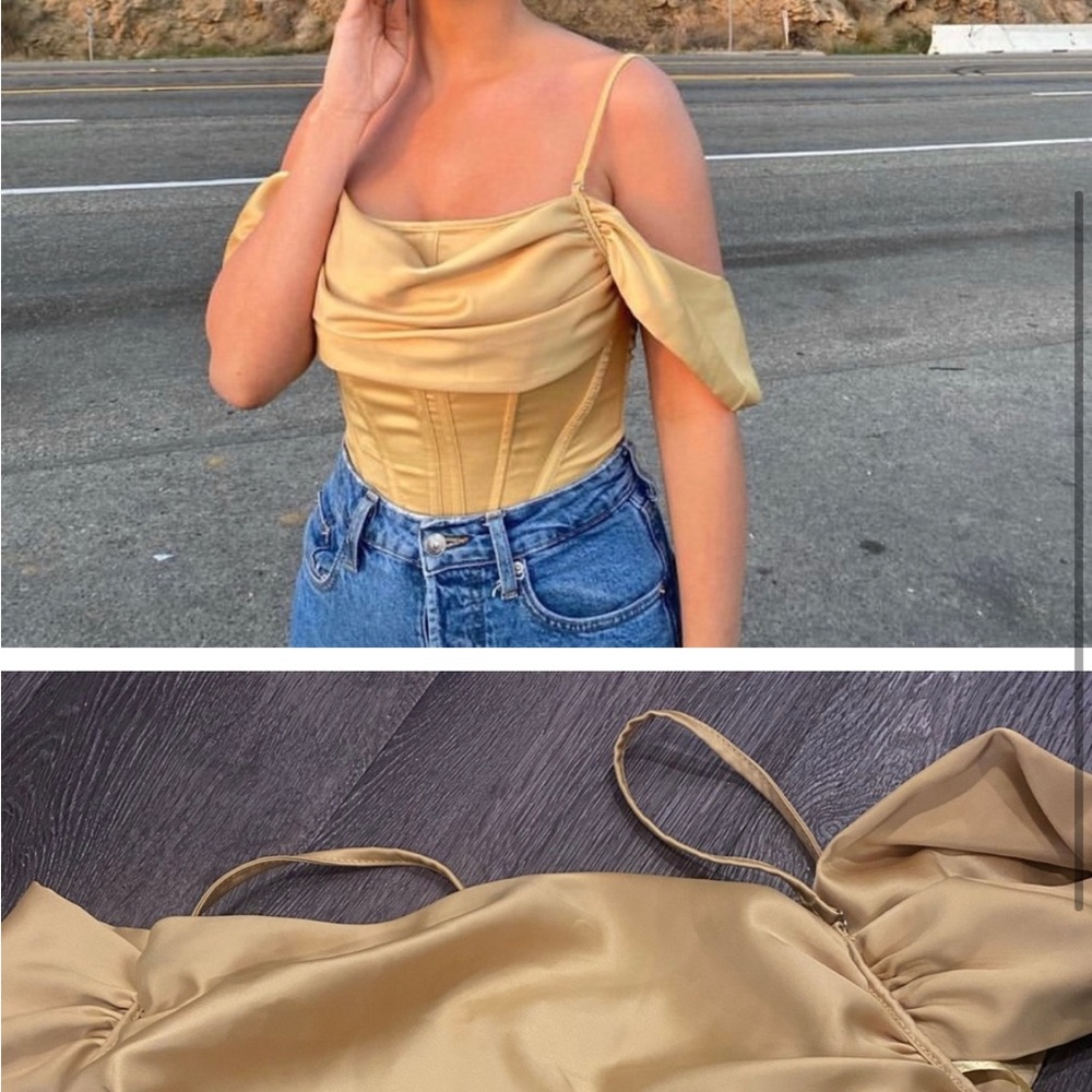 Missguided Gold Satin Corset Off-Shoulder Crop Top